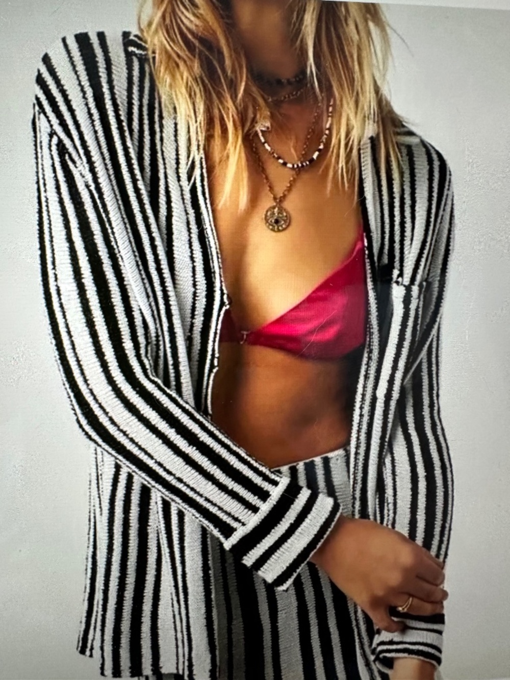 Free People Beach Bash Black and White shimmer Striped resort Collared Knit Top